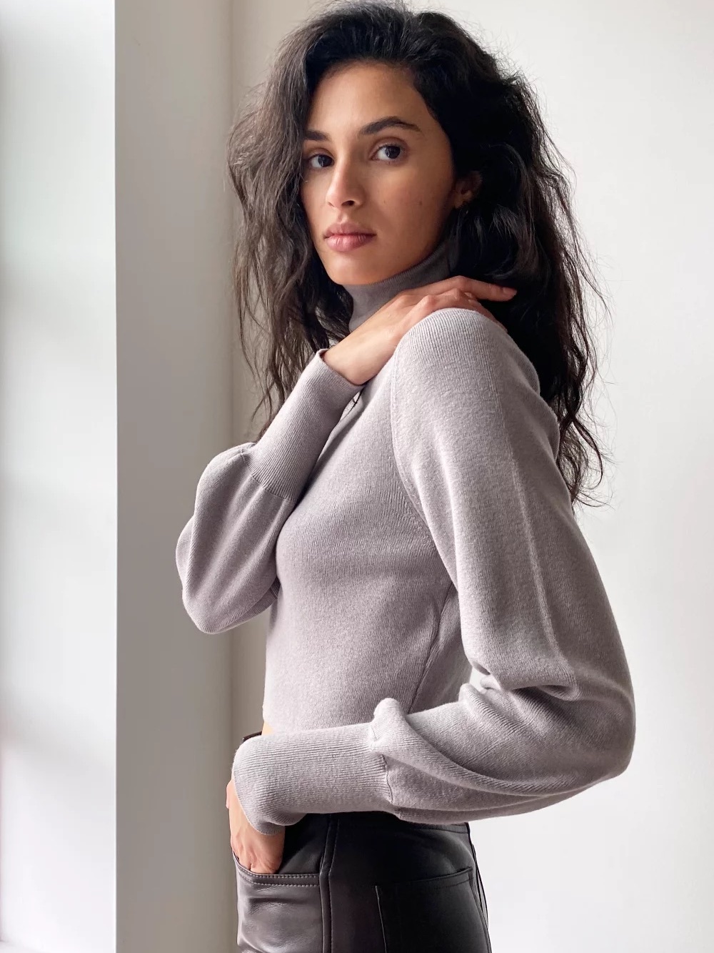 Aritzia Wilfred Rebecca Wool Cotton Cropped Knit Turtleneck Sweater in Scarab - Picture 3 of 12